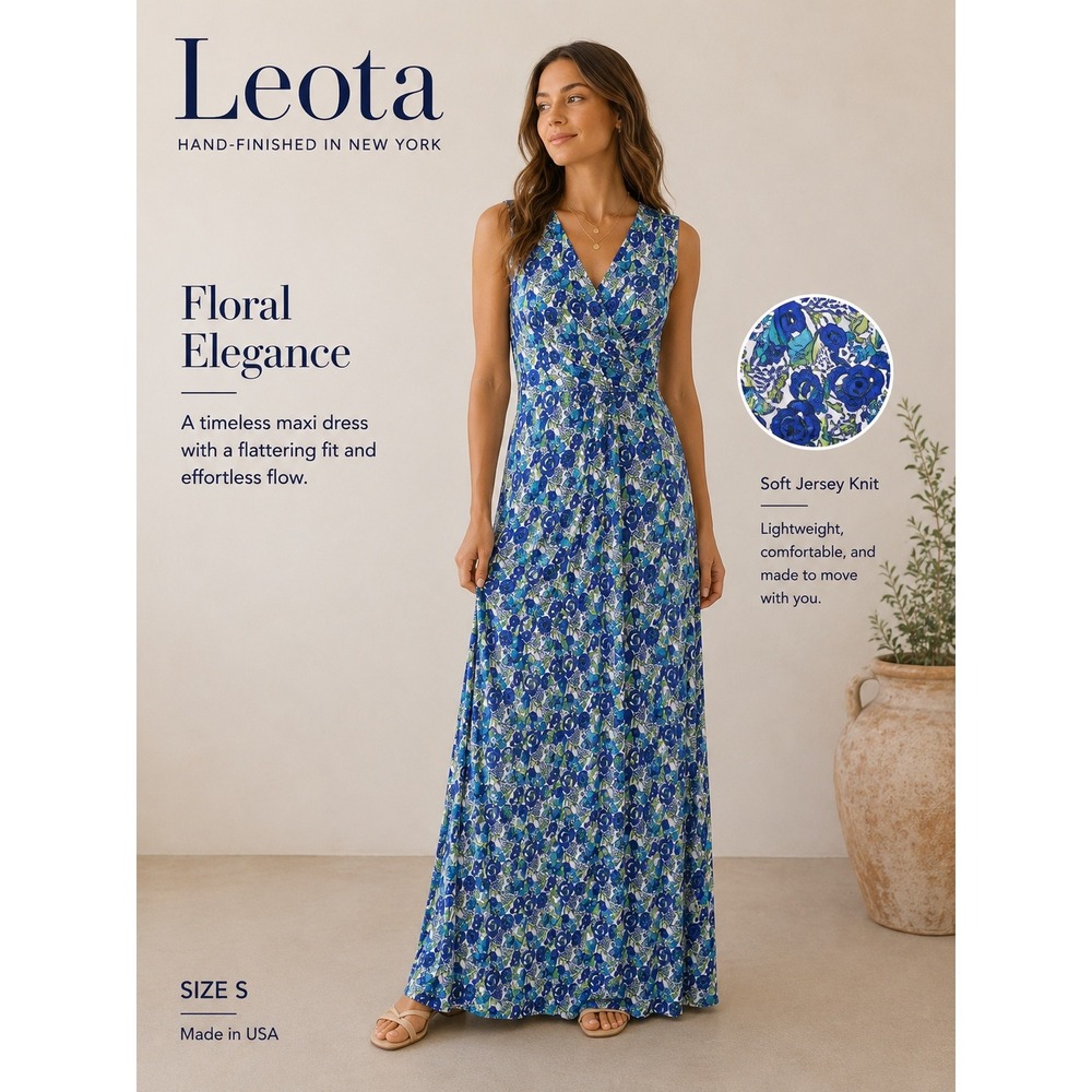 Leota Maxi Dress Women Small Blue Floral Faux Wrap Sleeveless Jersey Knit